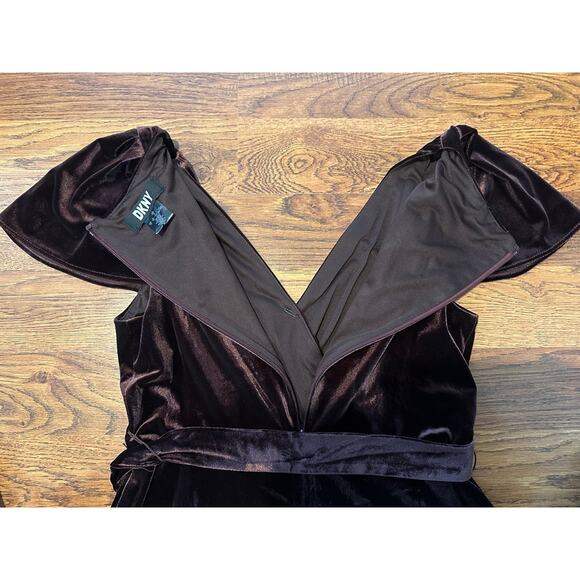 DKNY Women's Velvet Faux Wrap Midi Dress - Brown - Size 12 Elegant Style - Picture 5 of 9